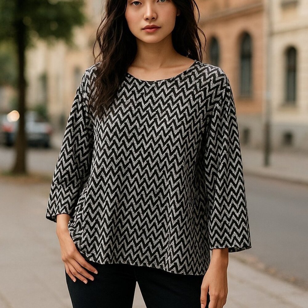 H&M Chevron Zig Zag Knit Top L Oversized Boxy Casual 3/4 Sleeve Sweater